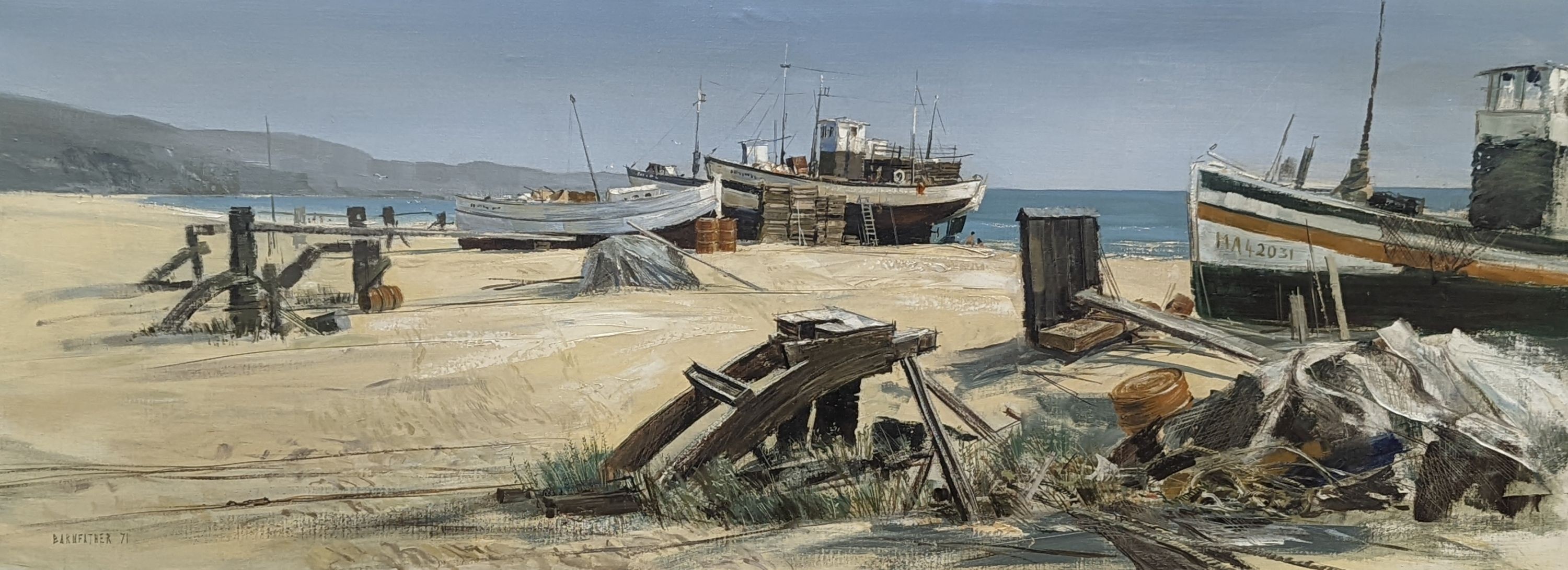 Michael Barnfather (1934-), oil on canvas, Fishing boats on the beach, signed and dated '71, 46 x 121cm